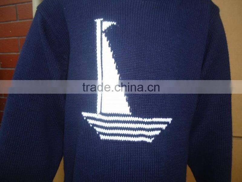 child teenager kids sailing boat pattern dark navy blue pullover sweater