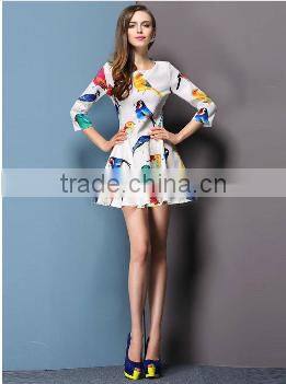 Casual 2015 Summer Style Sexy Bodycon Birds Print O Neck Pleated Party White Dress Women Vestidos Cheap Clothes China