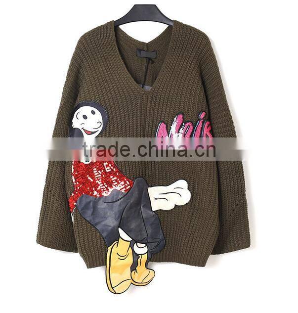 M1209 Runwaylover 2016 latest design fashion ladies v-neck sequin cartoon figure letter pattern sweater