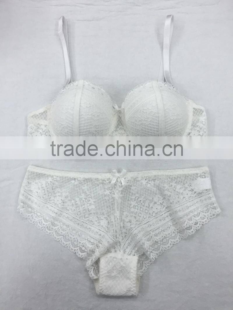 Ladies white lace transparent underwear sexy bra panty set