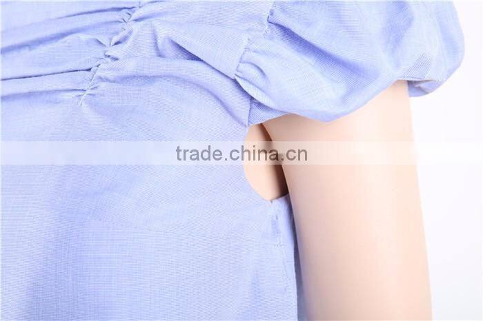 short sleeve blue women fashion cutting blouse with side zipper