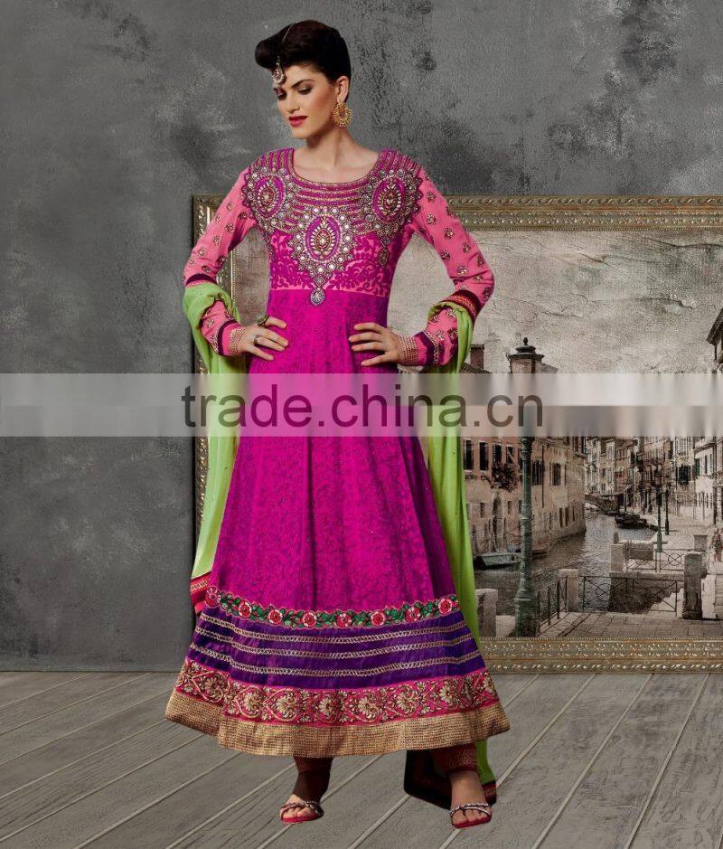 Yellow color on brown with purple color on embroidery heavy design jacket long Anarkali Designer Semi Stitch Salwar Kameez