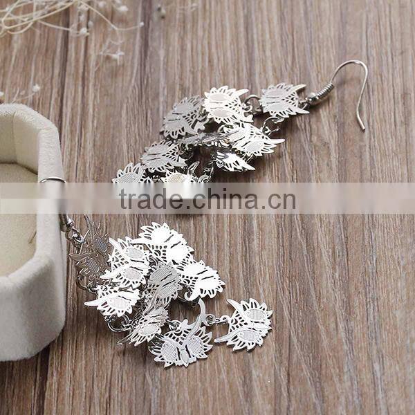 New Fashion Copper Filigree Stamping Earrings Ear Wire Hooks Halloween Owl Silver Tone Hollow 70mm