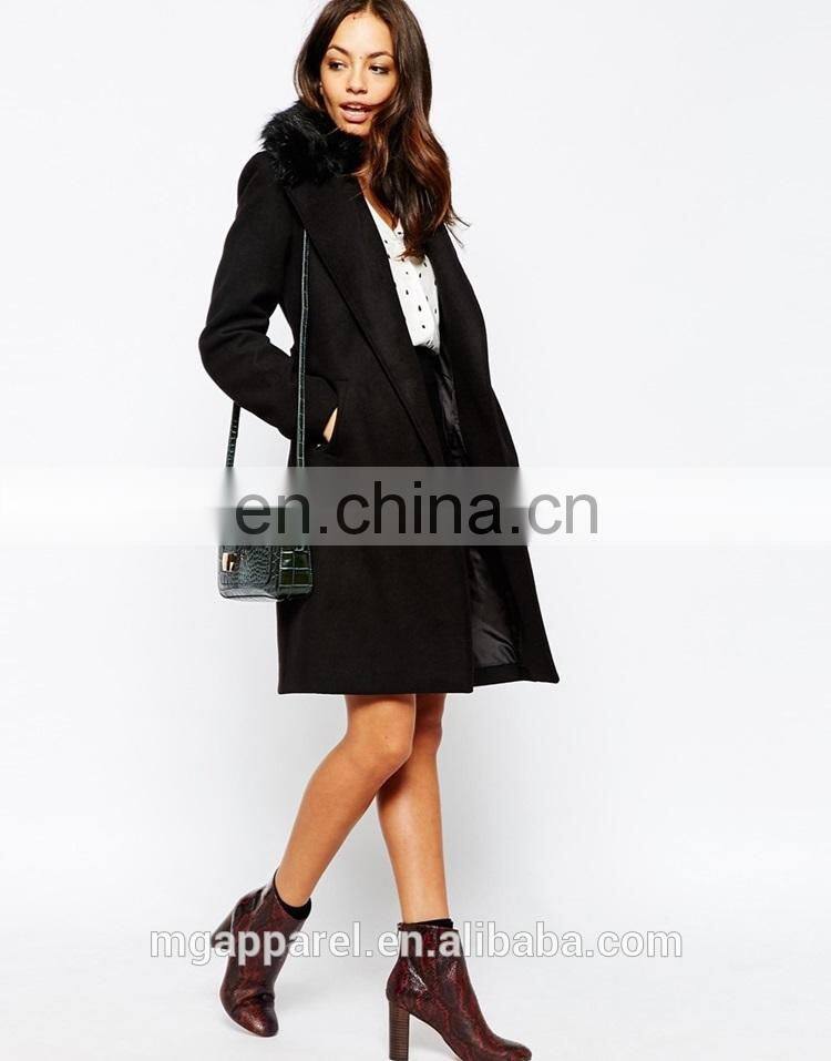 New style women coat model Tie belt women's long winter coat with Faux Fur Collar