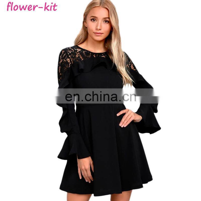 Wholesale Black Lace Long Sleeve Skater Dress For Women