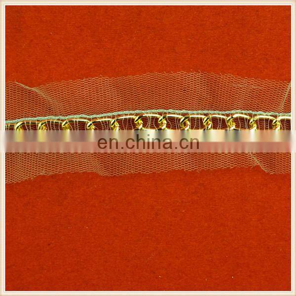 hot sale fashion tulle lace with gold metal chain for garment decorations