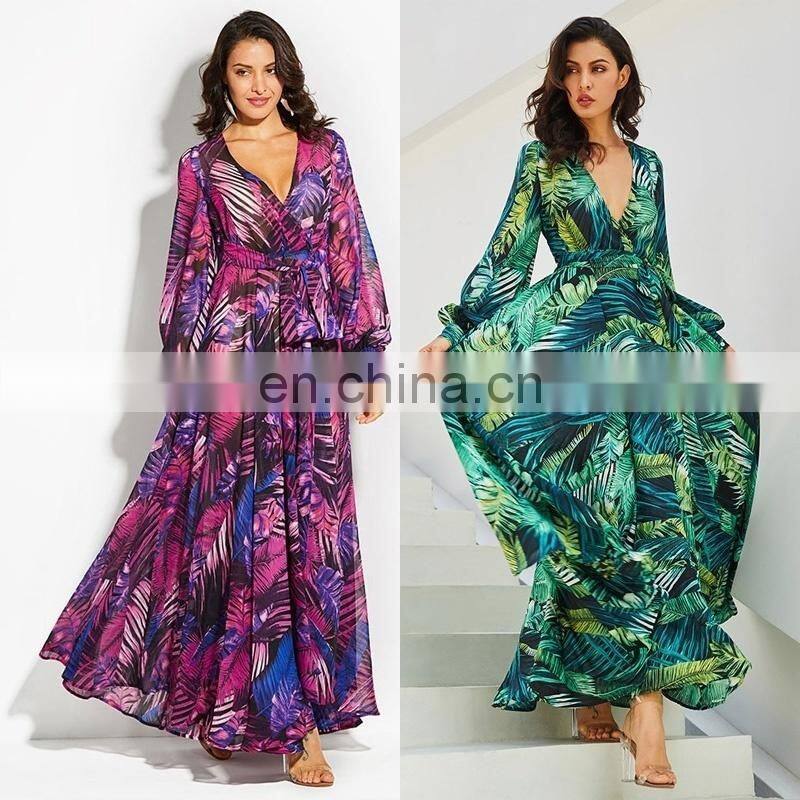 Ladies sexy holiday dress irregular floral print bohemian dress deep V big swing beach dress plus size