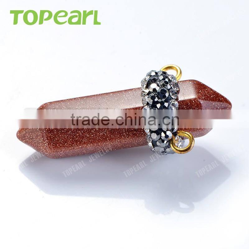 Topearl Jewelry High Quality Hexagonal Prism Red Goldstone Pendant Rhinestones Clay Pave Stone Pendant SPW05