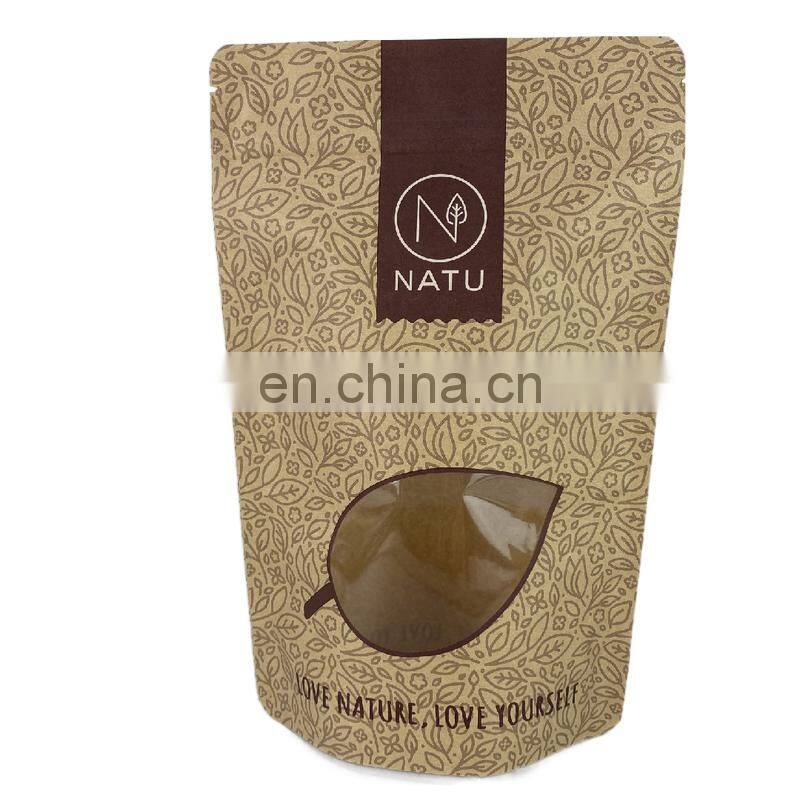 Custom design kraft paper Doypack stand up zipper pouch with clear window for food packaging