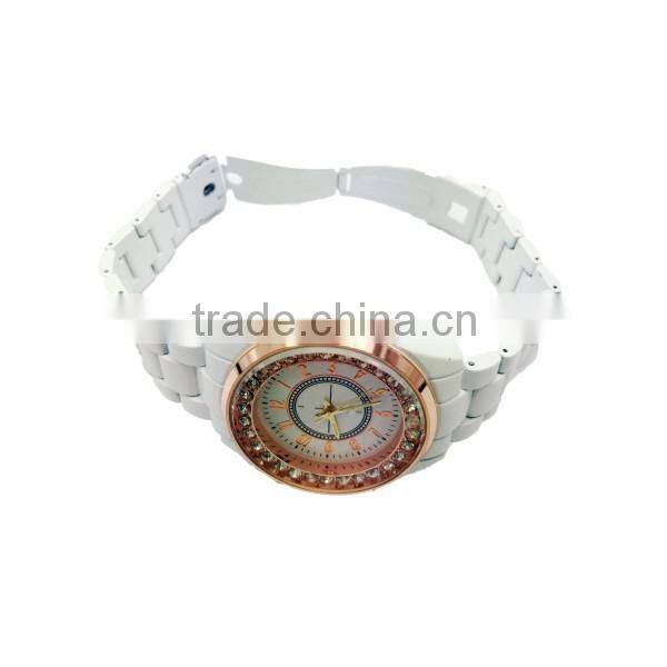 Beautiful white plastic quartz lady watch with rose gold bezel