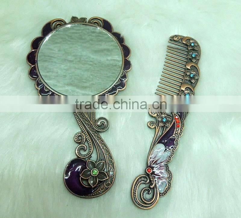 promotional gift comb mirror set/red bronze cosmetic pocket mirror set