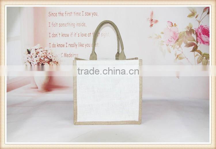 jute bag white color front and back,nature with side,linen fabric inner