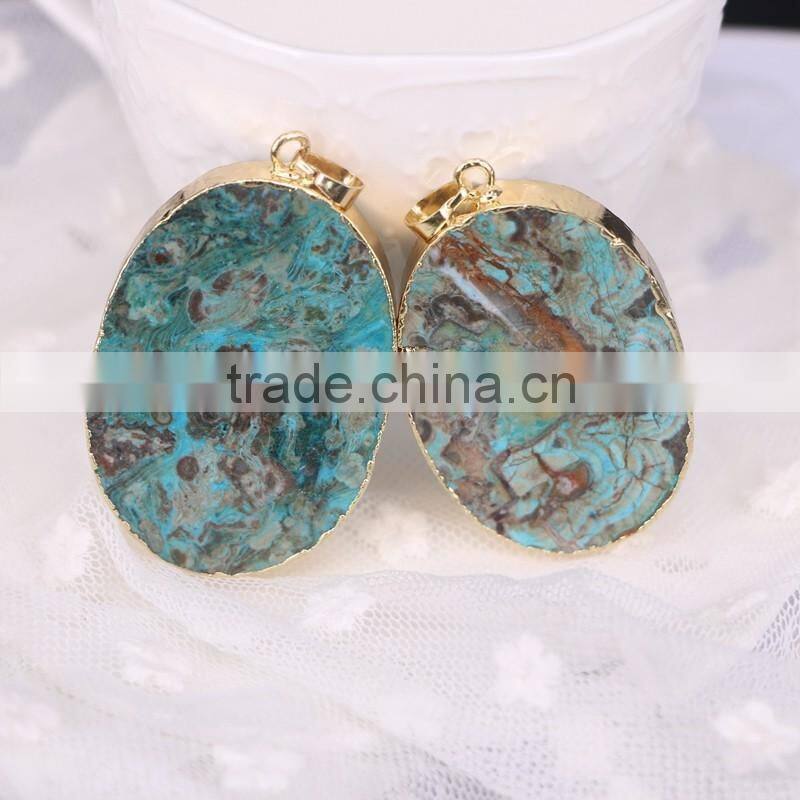 Natural Agate Stone Pendant, Gold Plated edged Oval shape Slab Stone Pendant, Double Flat Ocean Agate Gem stone Pendants