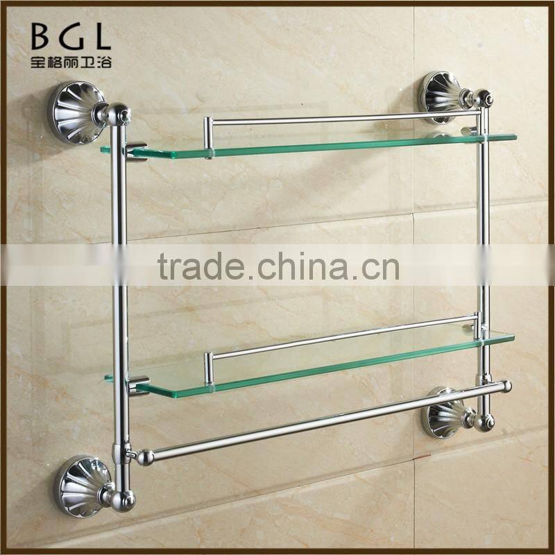 11102 hot sale zinc alloy chrome bathroom accessories double glass shelf