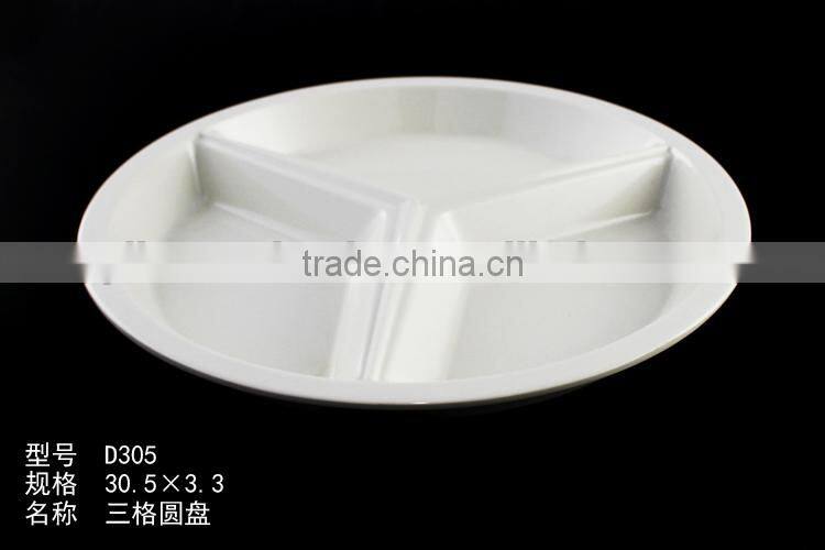 high quality cutomized unbreakable 100% melamine plastic tray with 3 compartments