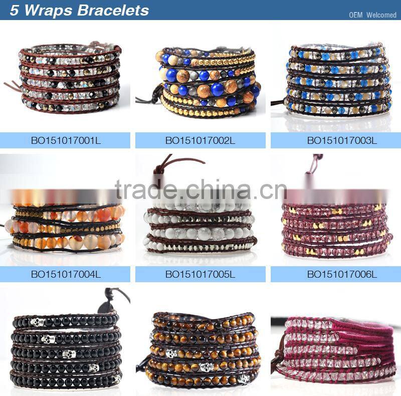 Alibaba Guangzhou Factory Direct Handmade DIY Turquoise Bead Wholesale Leather Wrap Bracelets