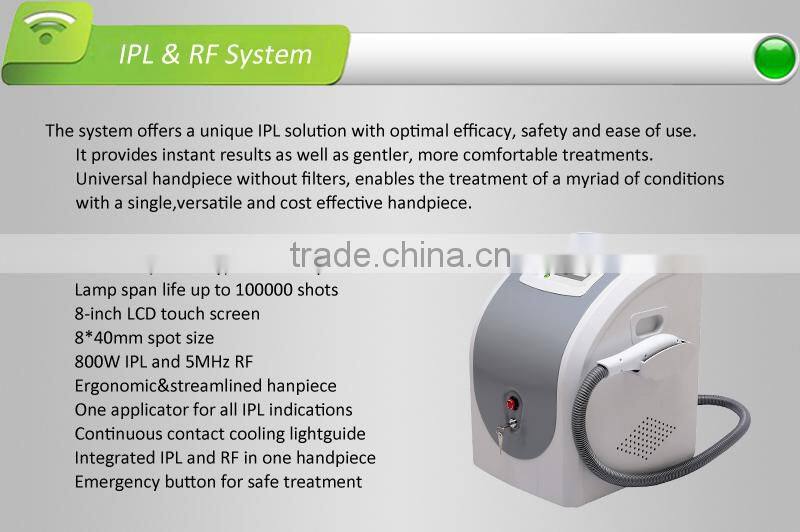 IPL hair removal machine,800W IPL and 5 MHz RF,integrated IPL and RF in one handpiece.guangzhou manufacturer portable design.