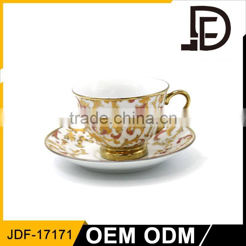 Janpanese style flower cup and yellow saucers for tea coffee with golden lace