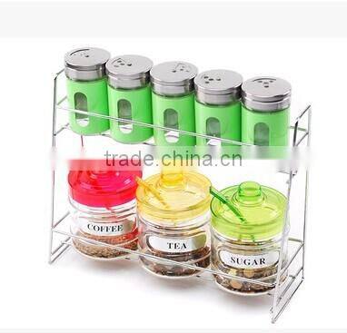 upmarket colorful glass condiment sets with metal stand