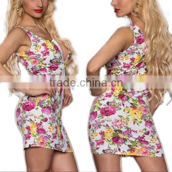 Floral Women Sexy Party Dress Sleeveless Slim Zipper Cocktail Bodycon Mini Dress