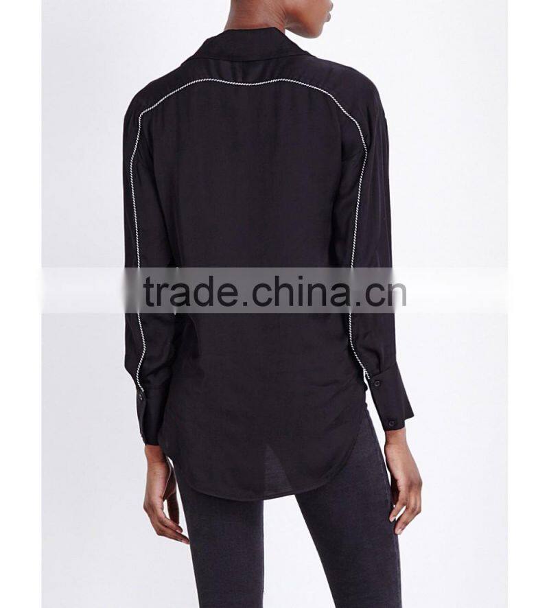 Wholesale Women Black Long Sleeves Hoxton Bird Embroidered Satin Shirt(DQE0108T)