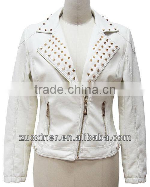 Ladies fashion PU leather jacket with studs