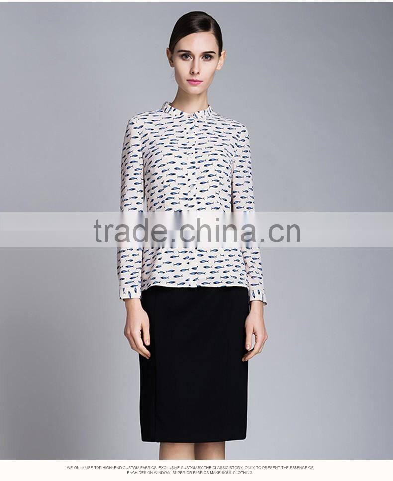 Spring-Summer Season Ladies Length Sleeve Stand Collar Printing Shirt Blouse