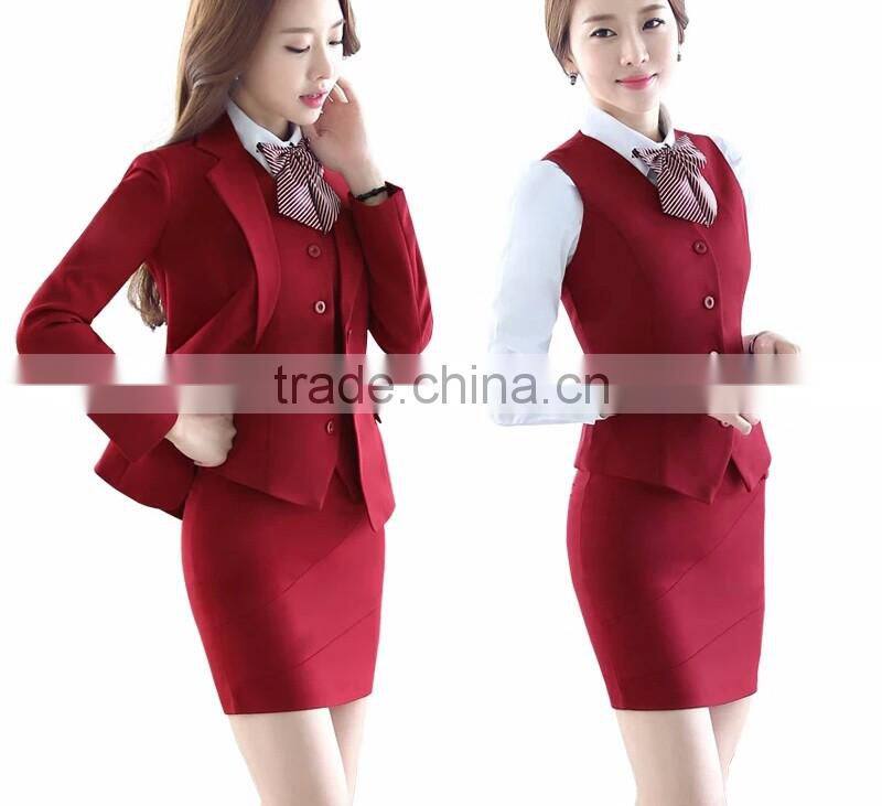 Custom fashion women unifiorm suit 3 pieces for hotel/ office/ long sleeve uniform