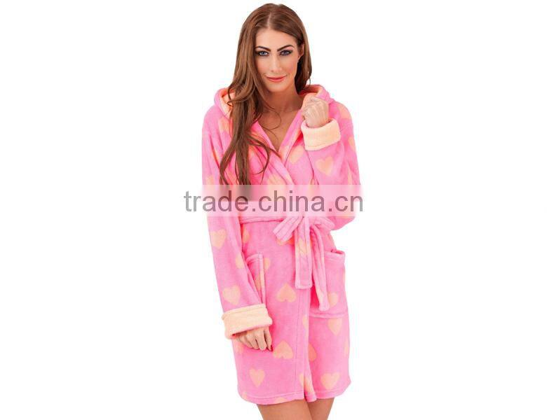 short heart pattern print flannel bathrobes women