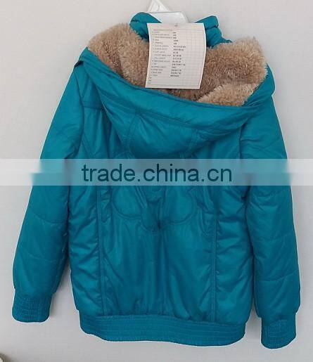 girls sky blue color faux fur cap down jacket for winter