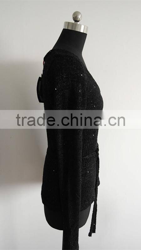 Ladies black sequins yarn knit cardigan sweater factory