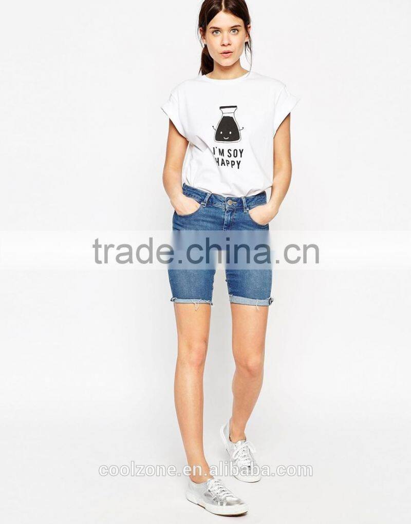 Rolled sleeves boyfriend T-Shirts women printed custom t-shirt