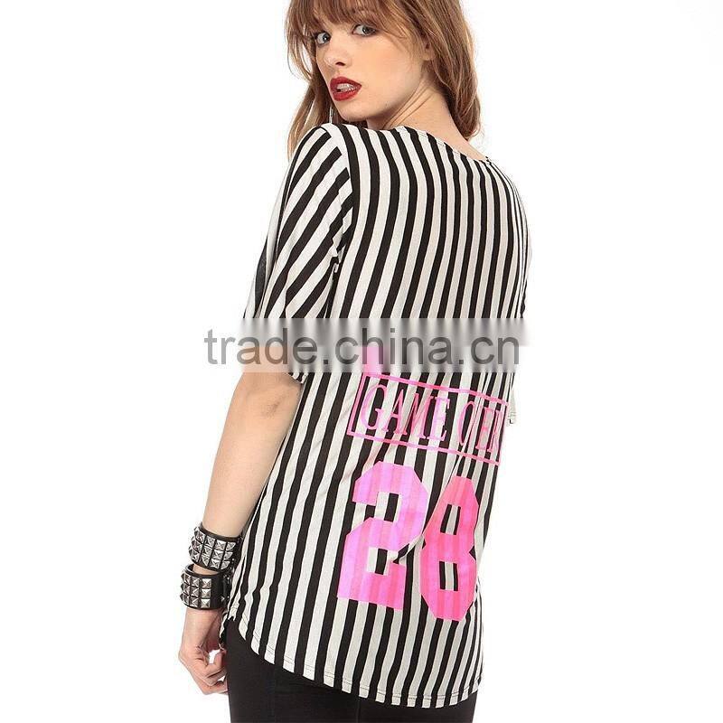 European style women's short sleeve V neck strip letter print shirt