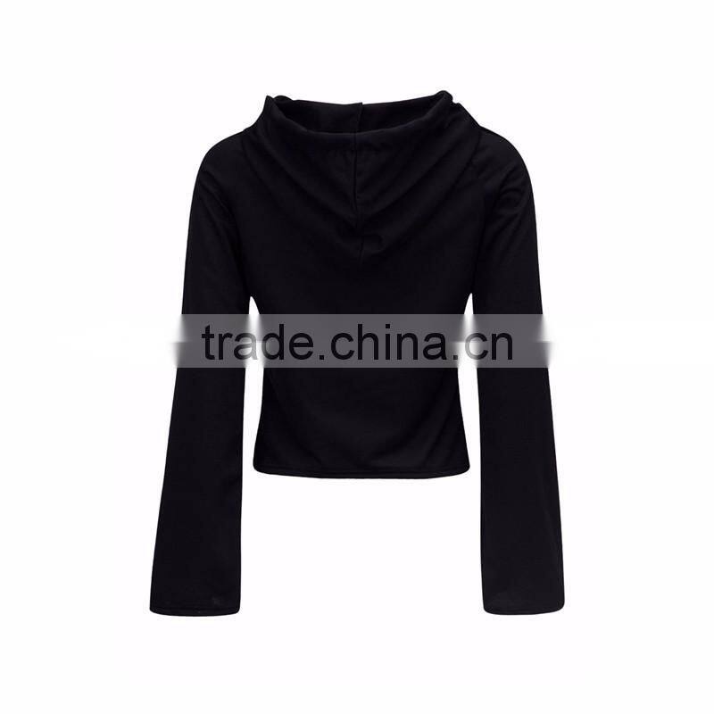 Ladies Blank Design Black Flare Sleeve Cropped Hoodie Wholesale