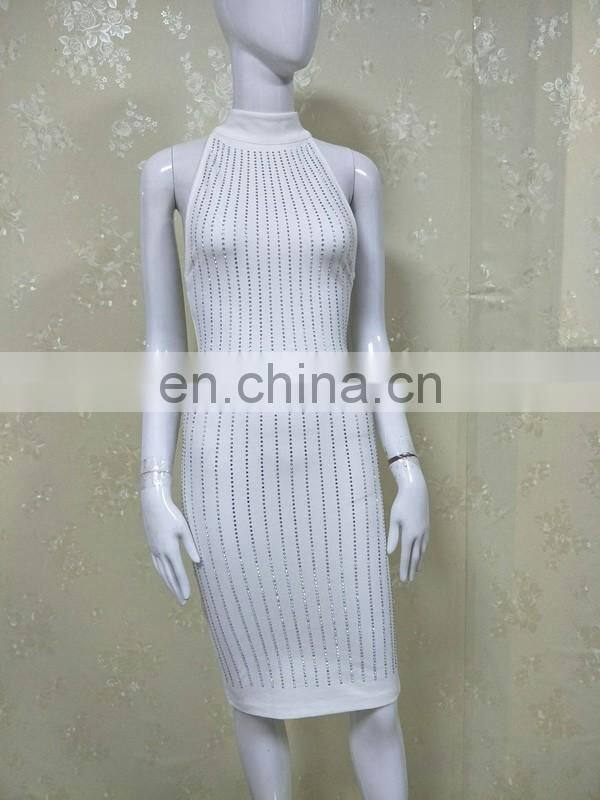 Amigo 2017 new design sexy black 100% cotton halter slit full hot-fix rhinestone evening dresses for ladis party wear