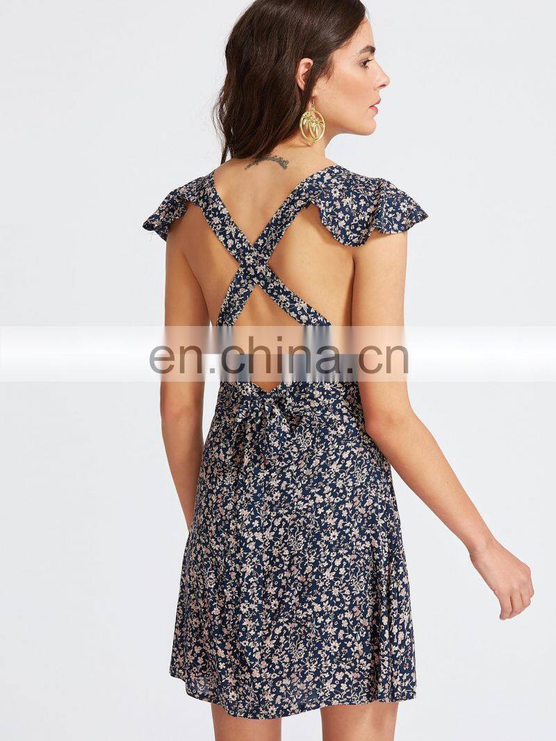 Florals Square Neck Criss Cross Bow Tie Back Beach Dress Sexy Model Hot Photos
