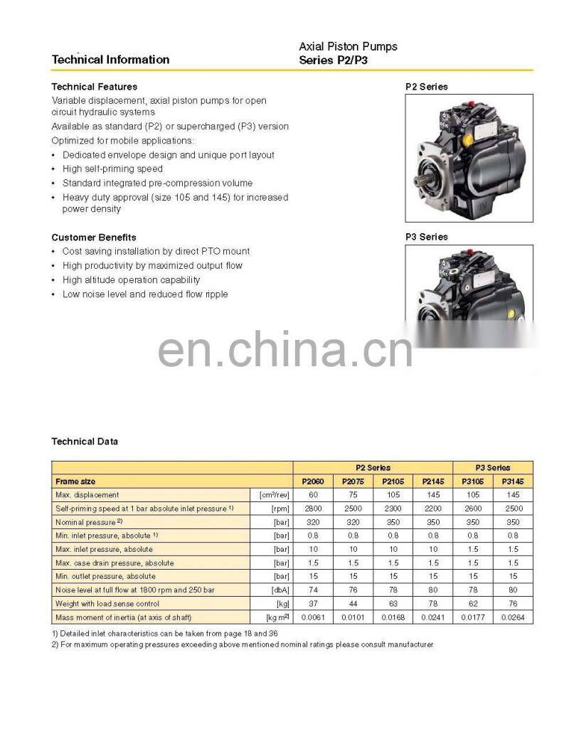 Parker P2/P3 series of P2060,P2075,P2105,P2145,P3075,P3105,P3145 hydraulic axial piston variable pumps