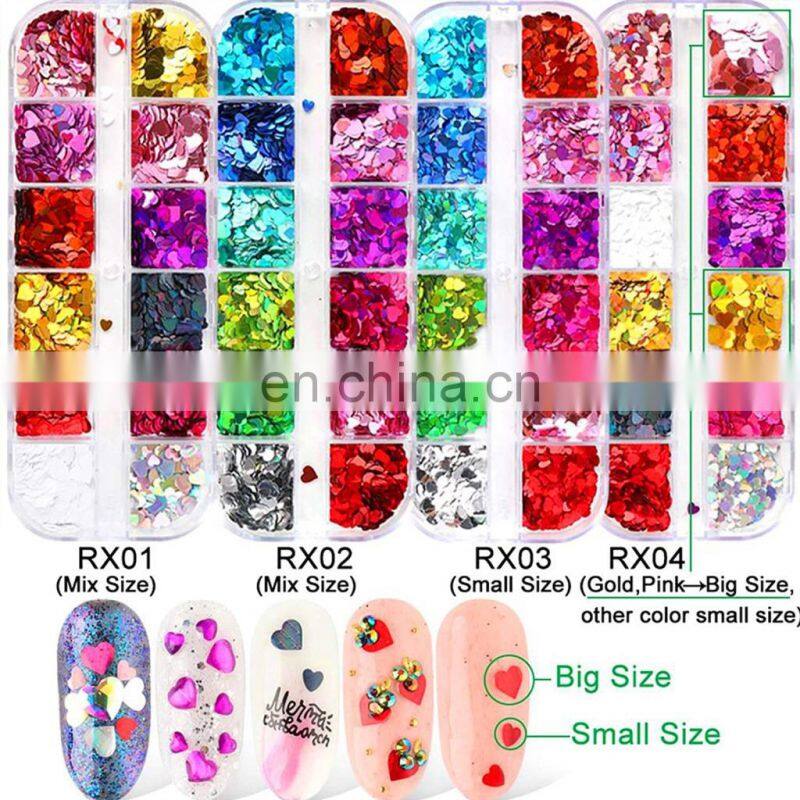 Hot sale 12 Grids Colorful Nail Art Sequins Holographic Glitter Flake Valentine's Day Heart Shape Designs 3D Nail Art Decoration