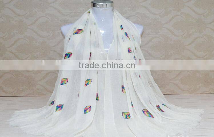 New Style Korea Lady Fashion Cotton 3D Colorful Leaf Embroidery Viscose Shawl