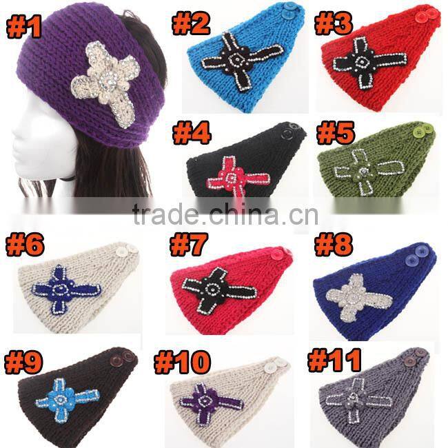 Fashion Rhinestone Cross Knit Crochet Headwrap