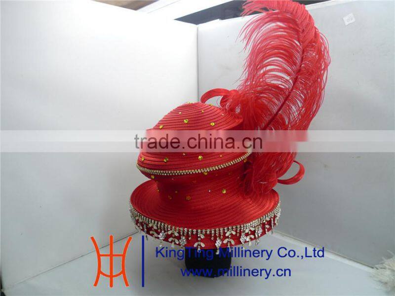 Wholesale Hat Suppliers Red Fancy Church Hat With Big Feather BM-5015