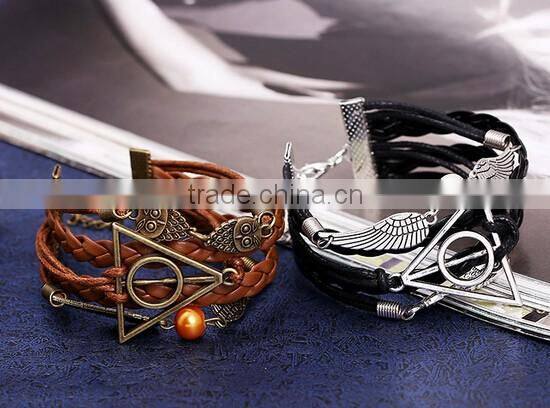 New Fashion owl deathly hallows angel wing leather bracelet DIY