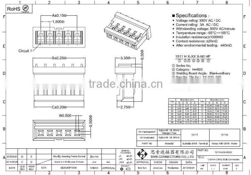 1.5MM Pitch wire to board electronic wire connectors
