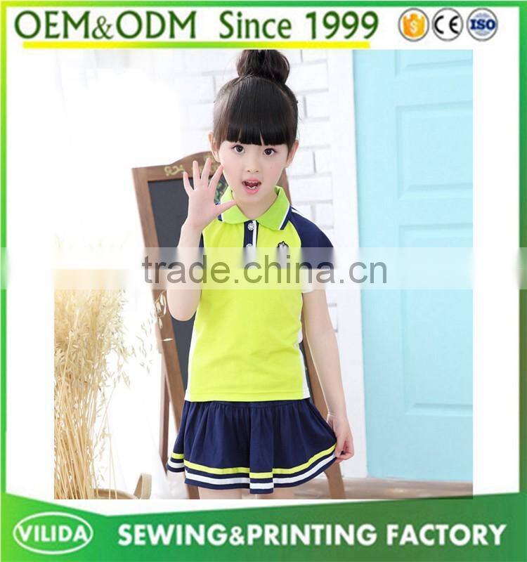 High quality kindergarten uniform new designs primary school uniform polo shirt and shorts or skirt