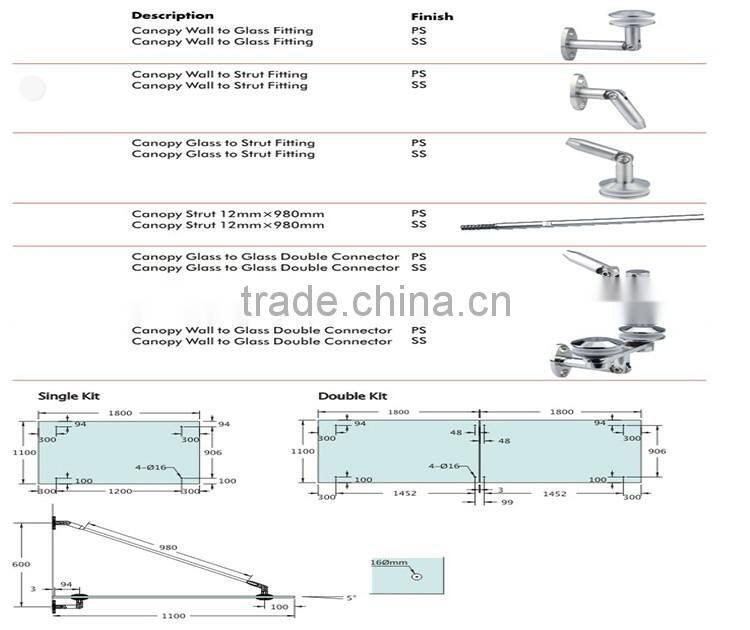 Quality 15 years of experience of strength assurance stainless steel glass awning canopy fitting