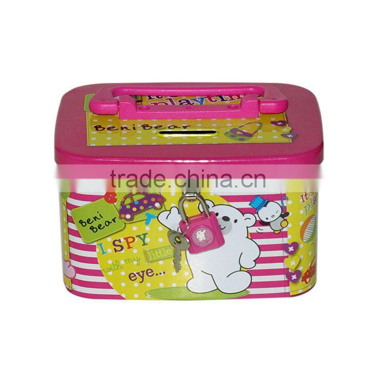 Tinplate money bank with handle and lock