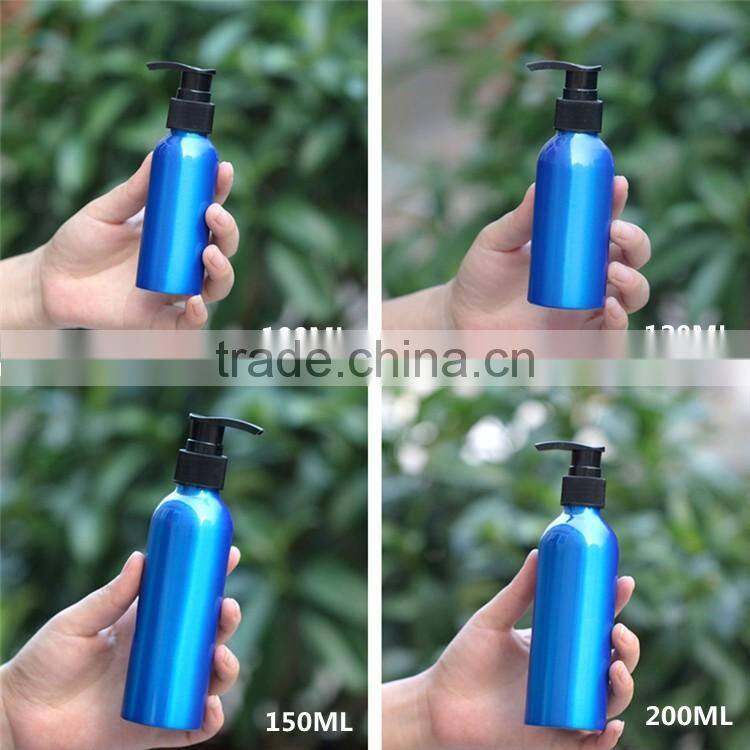 Wholesale 30ML-500ML blue aluminum bottle with lotion pump for cosmetic packaging aluminum pump bottle
