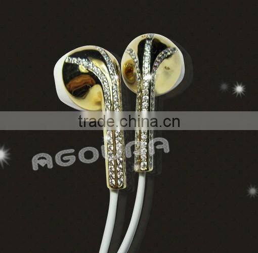 High quality gold earphone with diamond for iphone 6, 24k luxury in-ear earphone,for iphone gold earphone