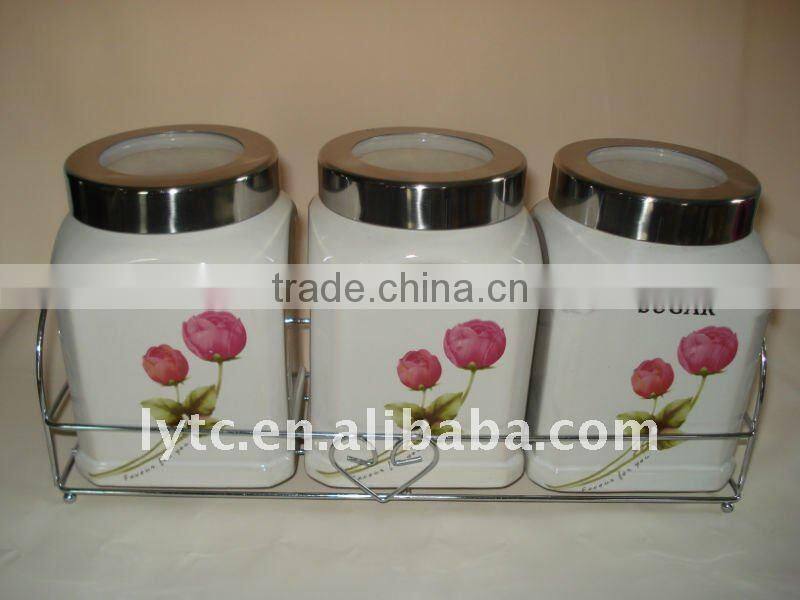 Fine kitchen accessory ceramic canister set with iron rack