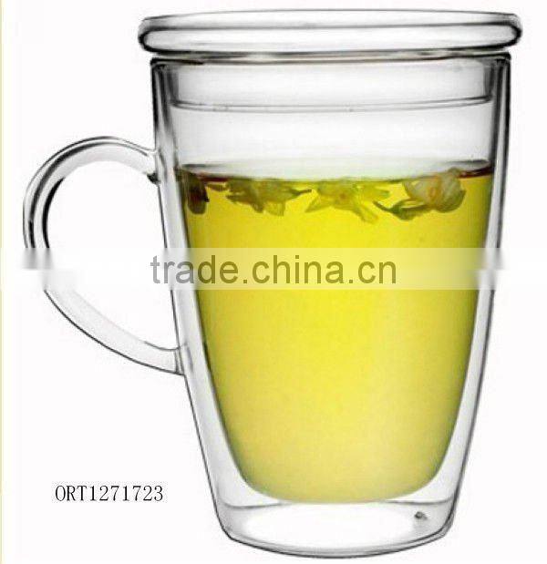 High quality clear double wall glass thermos cup with lid with hand